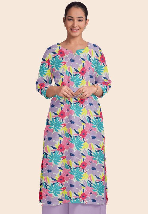 Printed Modal Satin Straight Kurta in Multicolor