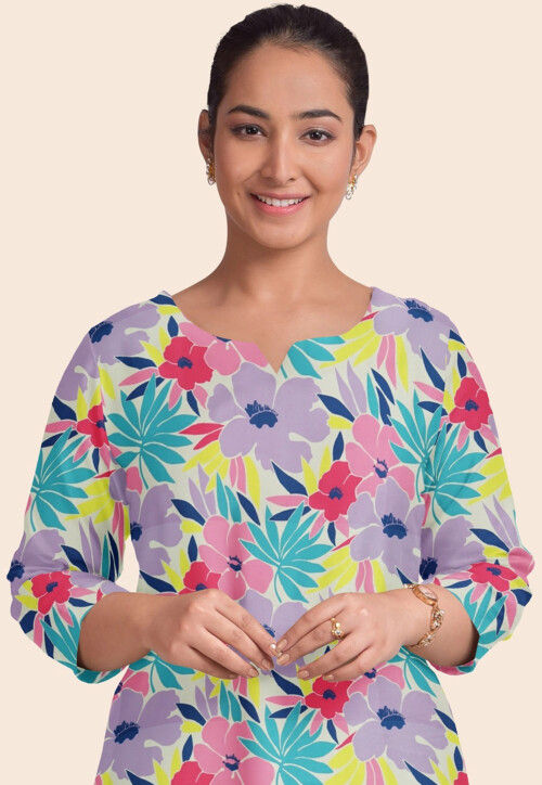 Printed Modal Satin Straight Kurta in Multicolor