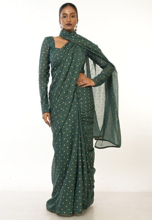 Printed Mul Cotton Saree in Green