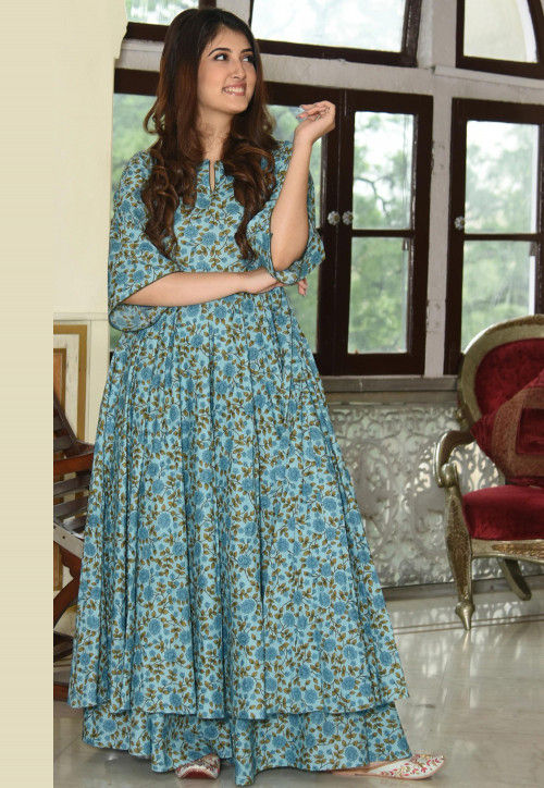 Buy Printed Muslin Cotton Flared Kurta Set in Blue Online TKL134
