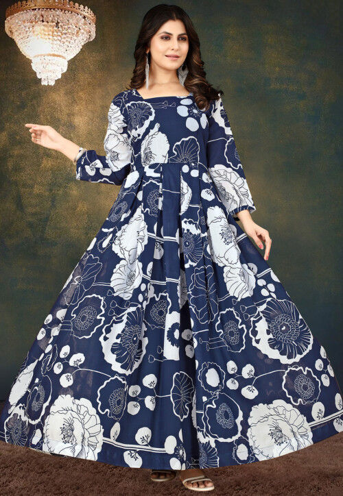 Buy Printed Muslin Cotton Maxi Dress in Navy Blue Online TGW3848 Utsav Fashion