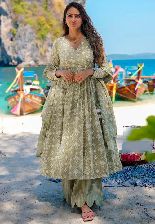 Printed Muslin Cotton Pakistani Suit in Dusty Green