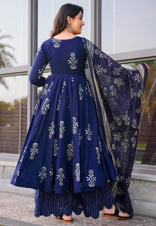 Navy Blue Floral Printed Pakistani Style Suit – 3 Piece Cotton main image 1