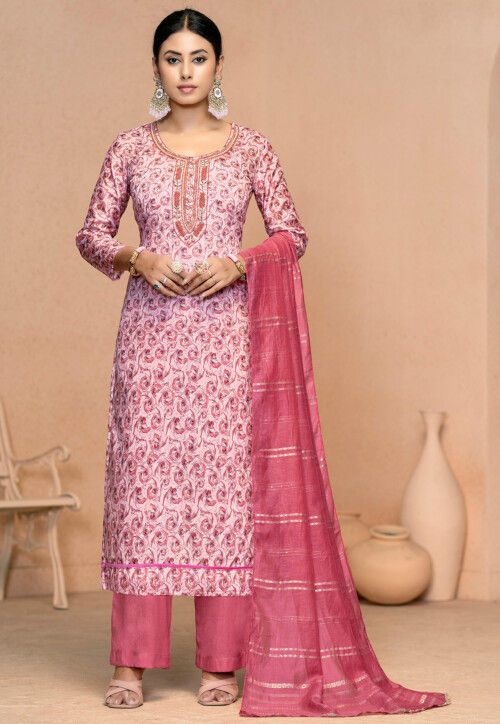 Printed Muslin Cotton Pakistani Suit in Pink