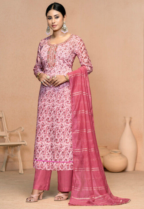 Printed Muslin Cotton Pakistani Suit in Pink