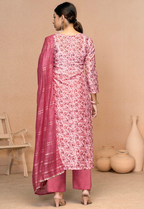 Printed Muslin Cotton Pakistani Suit in Pink