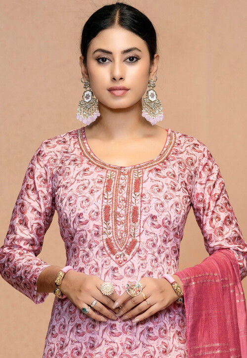 Printed Muslin Cotton Pakistani Suit in Pink