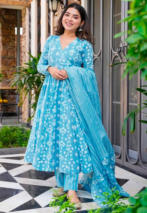 Buy Printed Muslin Cotton Pakistani Suit in Sky Blue Online
