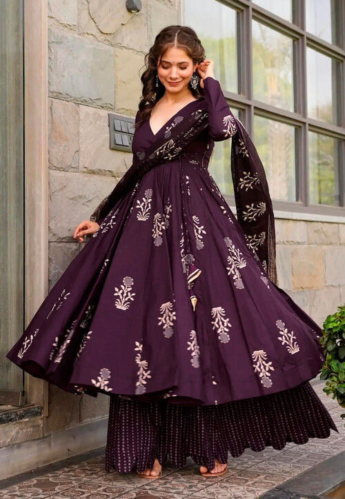 Printed Muslin Cotton Pakistani Suit in Wine
