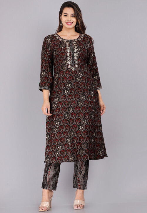 Printed Muslin Cotton Top and Bottom Set in Black