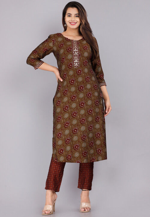 Printed Muslin Cotton Top and Bottom Set in Brown