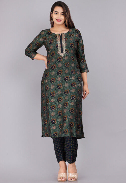 Printed Muslin Cotton Top and Bottom Set in Dark Green