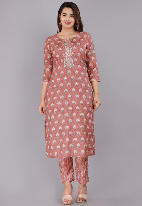 Printed Muslin Cotton Top and Bottom Set in Old Rose
