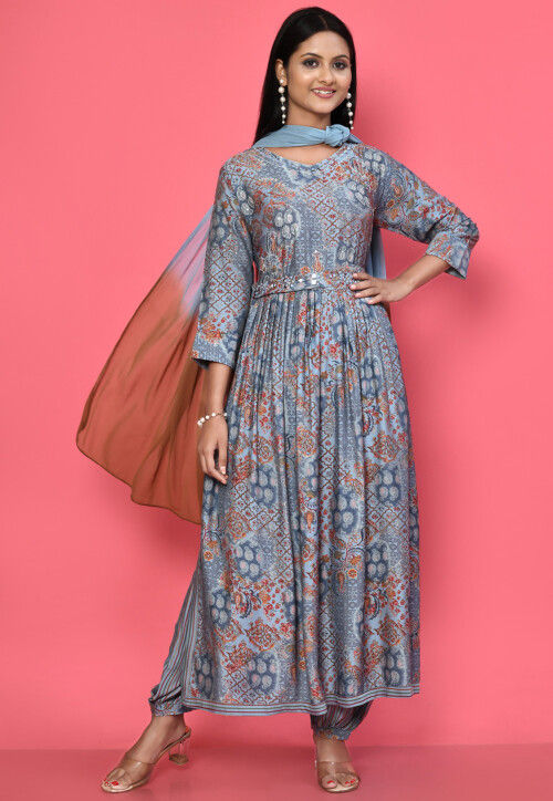 Printed Muslin Silk Aline Suit in Blue