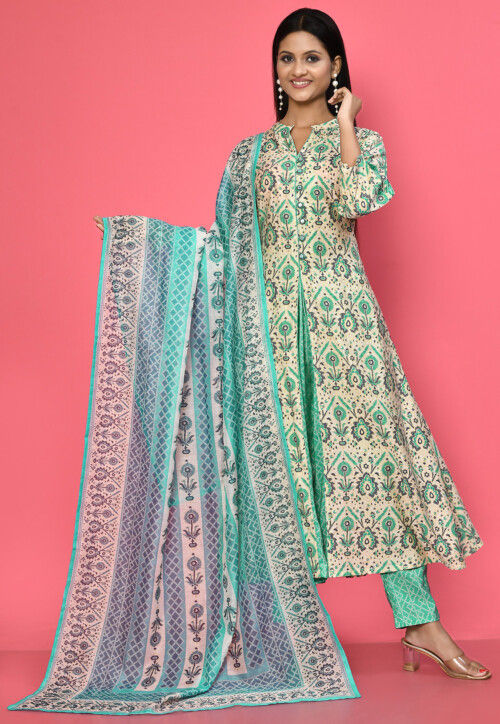 Printed Muslin Silk Pakistani Suit in Cream