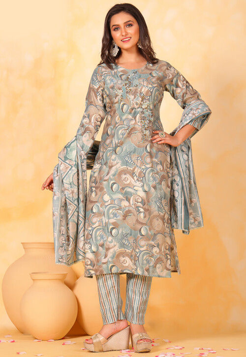 Printed Muslin Silk Pakistani Suit in Dusty Blue and Beige