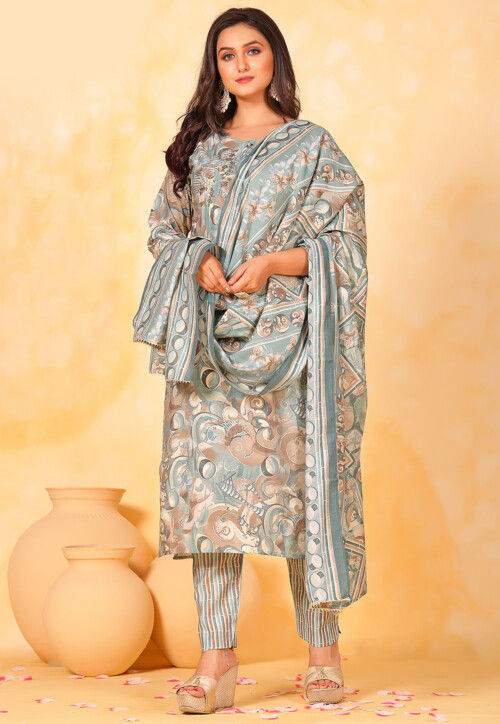 Printed Muslin Silk Pakistani Suit in Dusty Blue and Beige