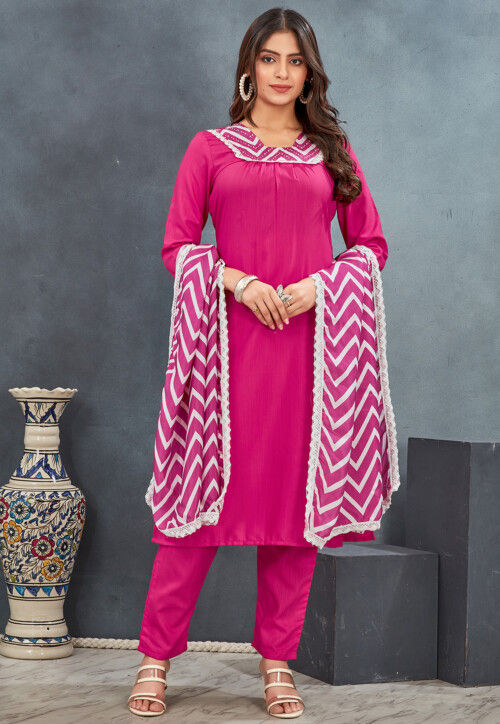 Printed Neckline Rayon Pakistani Suit in Fuchsia