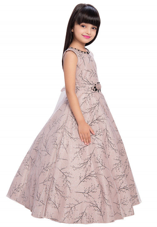 Printed Net Gown in Peach