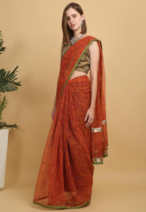 Printed Net Saree in Rust