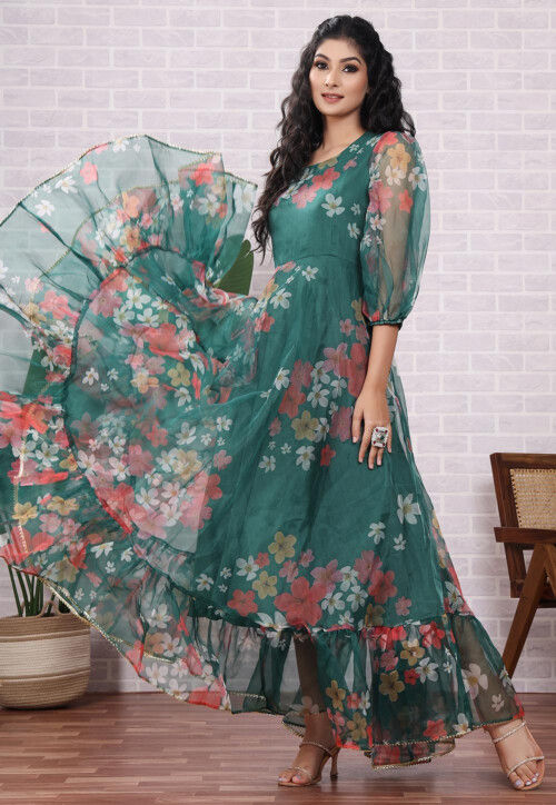 Printed Organza Abaya Style Suit in Teal Green