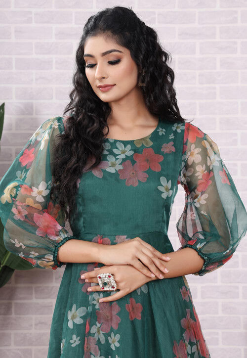 Printed Organza Abaya Style Suit in Teal Green