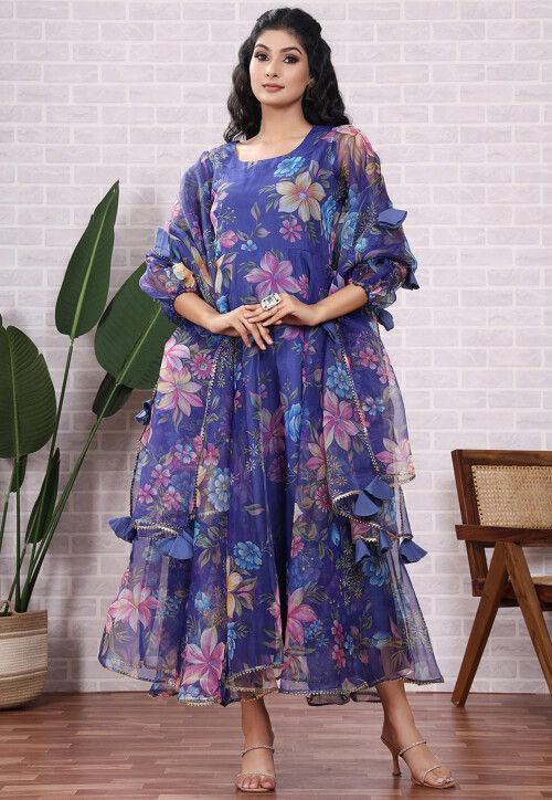 Printed Organza Aline Suit in Blue