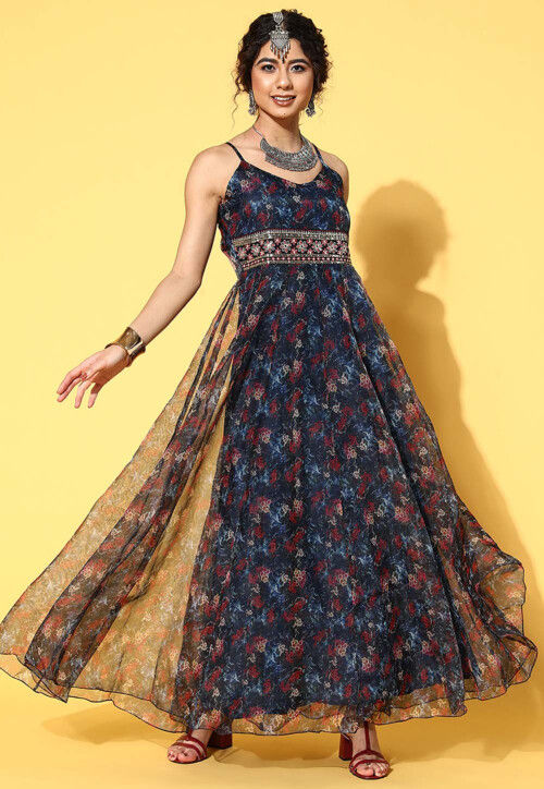 Buy Printed Organza Flared Dress in Navy Blue Online : TXR1049 - Utsav  Fashion