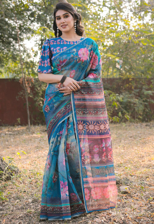 Printed Organza Saree in Blue