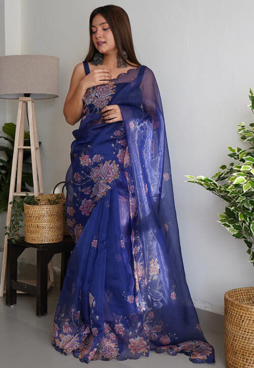 Navy Blue Organza Saree With Blouse 250231