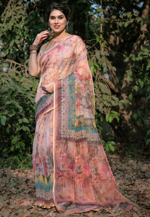 Printed Organza Saree in Peach