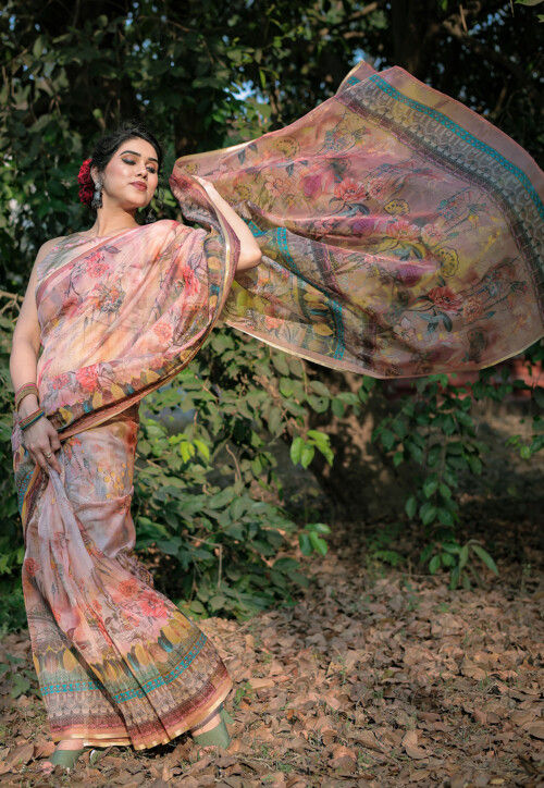 Printed Organza Saree in Peach