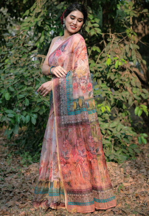 Printed Organza Saree in Peach