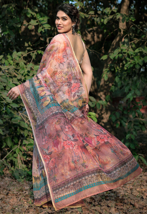 Printed Organza Saree in Peach