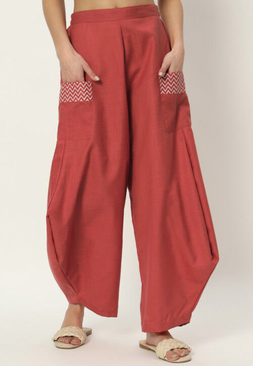 Printed Pockets Pure Cotton Cowl Pant in Coral Pink