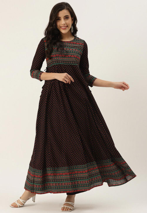 Buy Printed Poly Cotton Aline Kurta in Black Online : TPH27 - Utsav Fashion