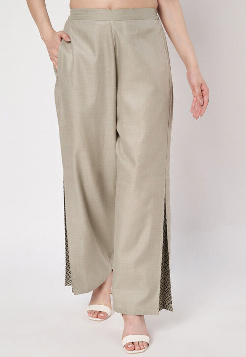 Printed Cotton Pallazo in Light Grey