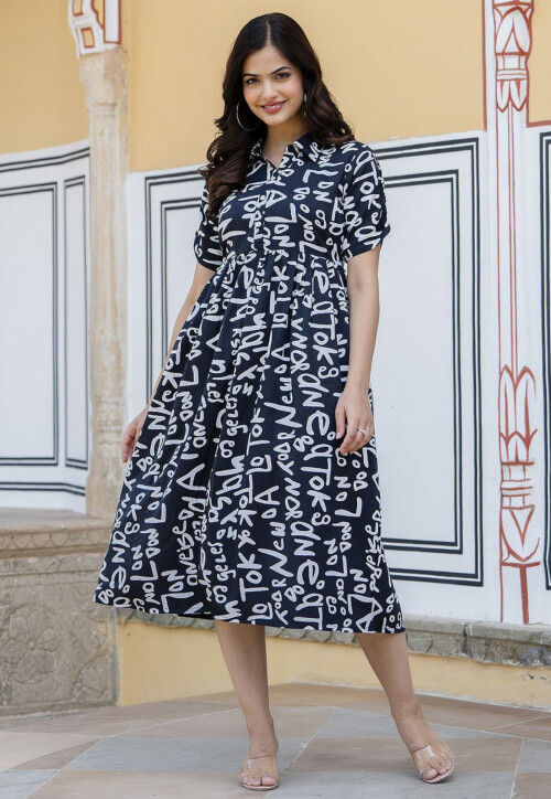 Printed Polyester Aline Dress in Navy Blue