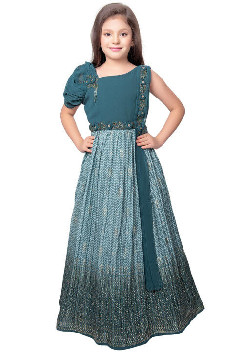 Printed Polyester Gown with attached Dupatta in Blue