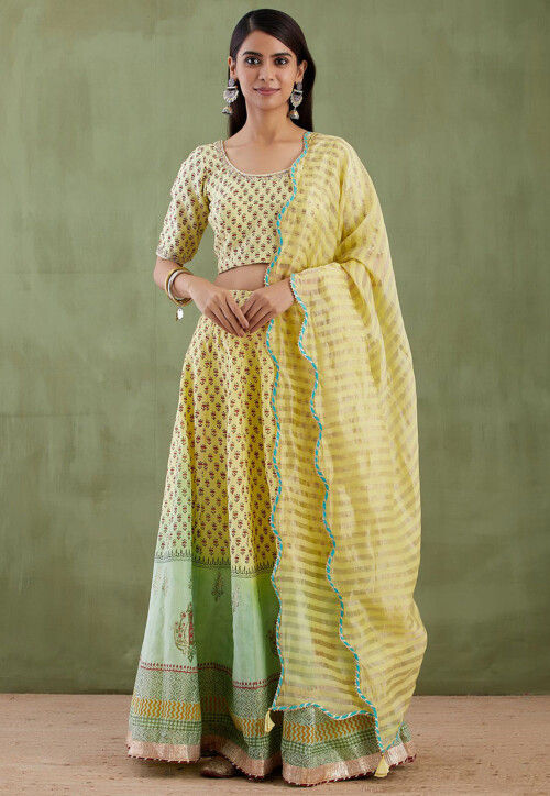 Printed Pure Chanderi Cotton Lehenga in Light Yellow and Light Green