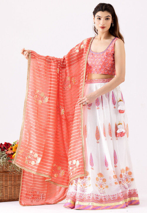 Printed Pure Chanderi Cotton Lehenga in White