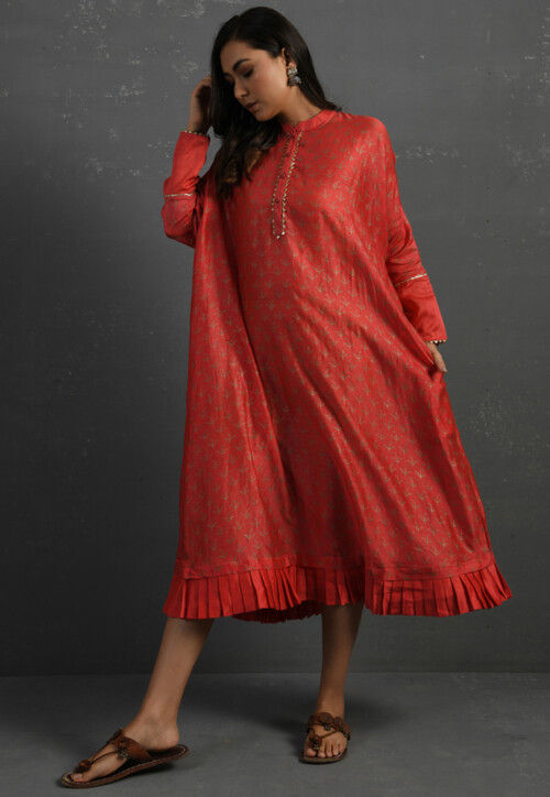 Printed Pure Chanderi Silk Aline Dress in Red