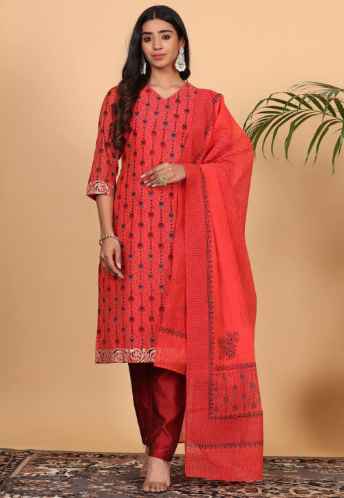 Printed Pure Chanderi Silk Pakistani Suit in Coral Red