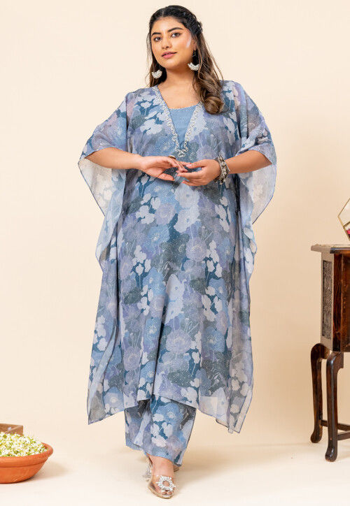 Printed Pure Chiffon Kaftan Style Kurta Set in Grey