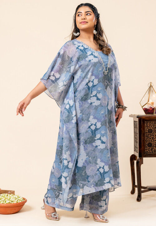 Printed Pure Chiffon Kaftan Style Kurta Set in Grey
