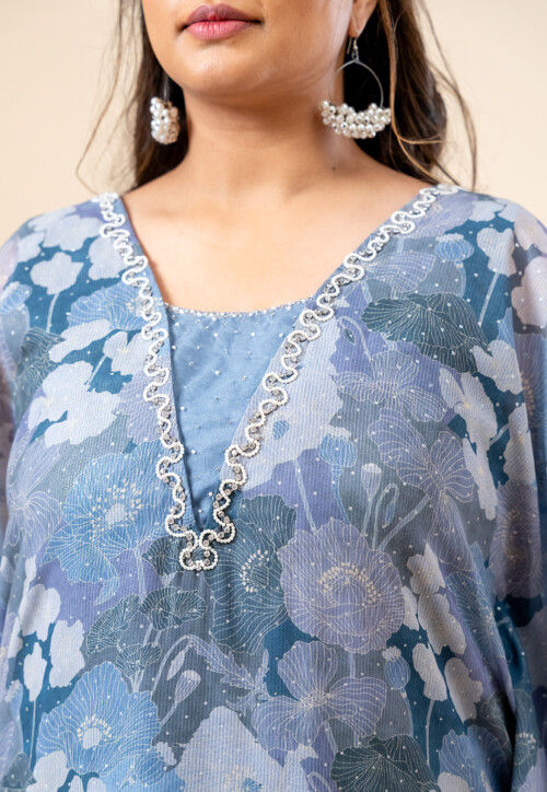 Printed Pure Chiffon Kaftan Style Kurta Set in Grey