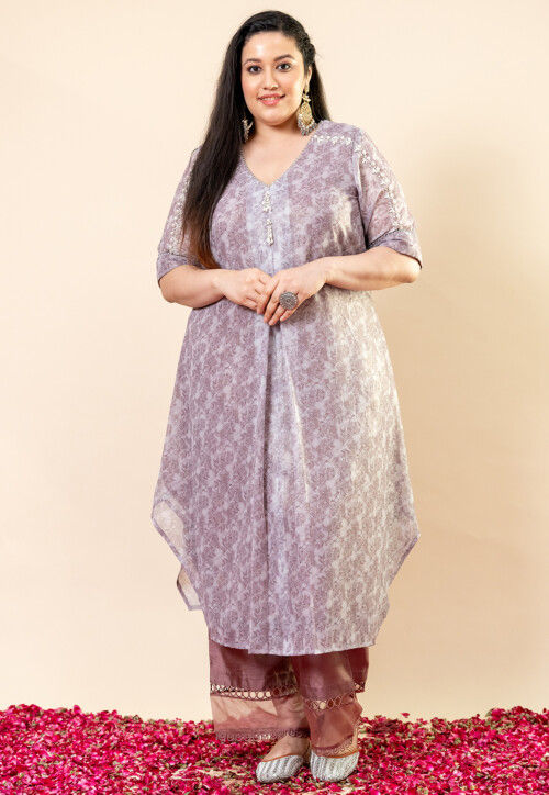 Printed Pure Chiffon Shimmer Aline Kurta Set in Dusty Purple