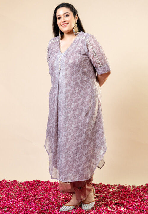 Printed Pure Chiffon Shimmer Aline Kurta Set in Dusty Purple