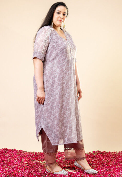 Printed Pure Chiffon Shimmer Aline Kurta Set in Dusty Purple