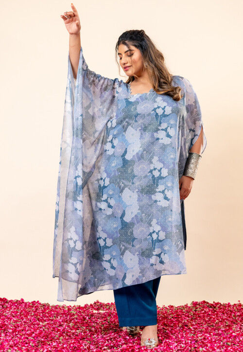 Printed Pure Chiffon Shimmer Kaftan Style Kurta Set in Blue and Grey